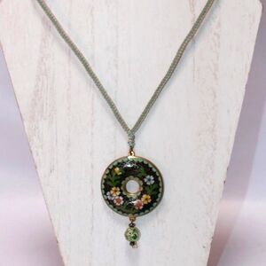 Vintage Cloisonne Enamel Donut Pendant on Macrame Chain